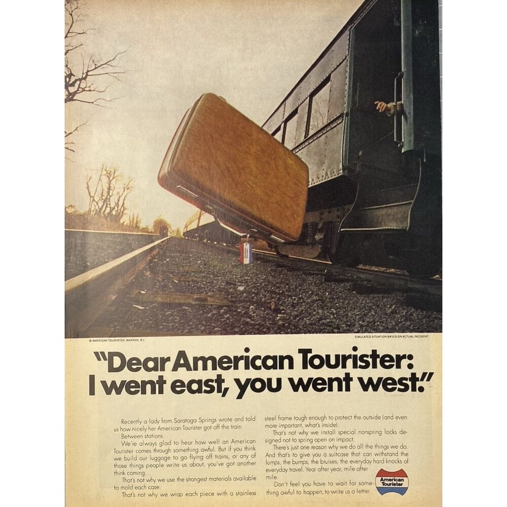American Tourister Luggage "Luggage went east I went West" Train Print Ad 1977